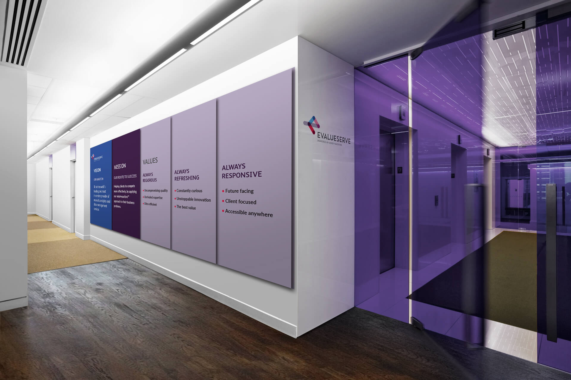 Evalueserve environmental design detail — close-up of typography on wall, directional signage or branded spatial element